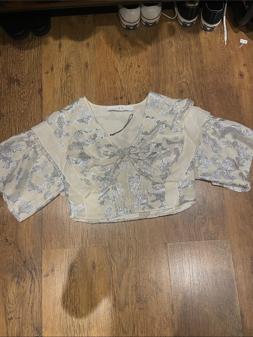 IRO Cream Crop Top with Silver Sequin Floral Detail